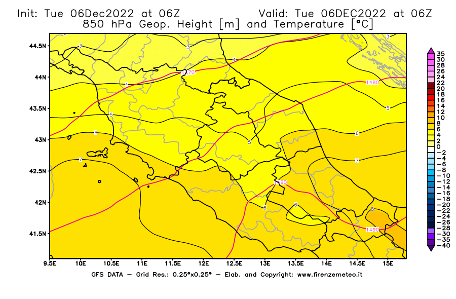 Mappa di analisi GFS - Geopotenziale [m] e Temperatura [°C] a 850 hPa in Centro-Italia
							del 06/12/2022 06 <!--googleoff: index-->UTC<!--googleon: index-->