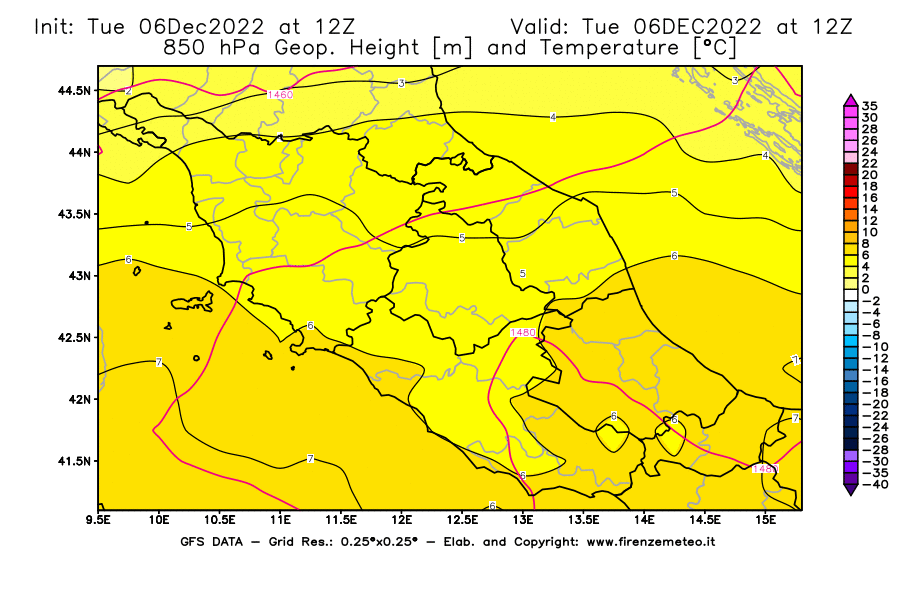 Mappa di analisi GFS - Geopotenziale [m] e Temperatura [°C] a 850 hPa in Centro-Italia
							del 06/12/2022 12 <!--googleoff: index-->UTC<!--googleon: index-->