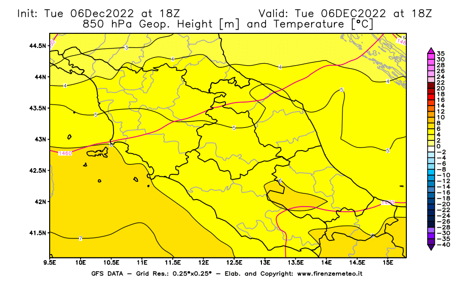Mappa di analisi GFS - Geopotenziale [m] e Temperatura [°C] a 850 hPa in Centro-Italia
							del 06/12/2022 18 <!--googleoff: index-->UTC<!--googleon: index-->