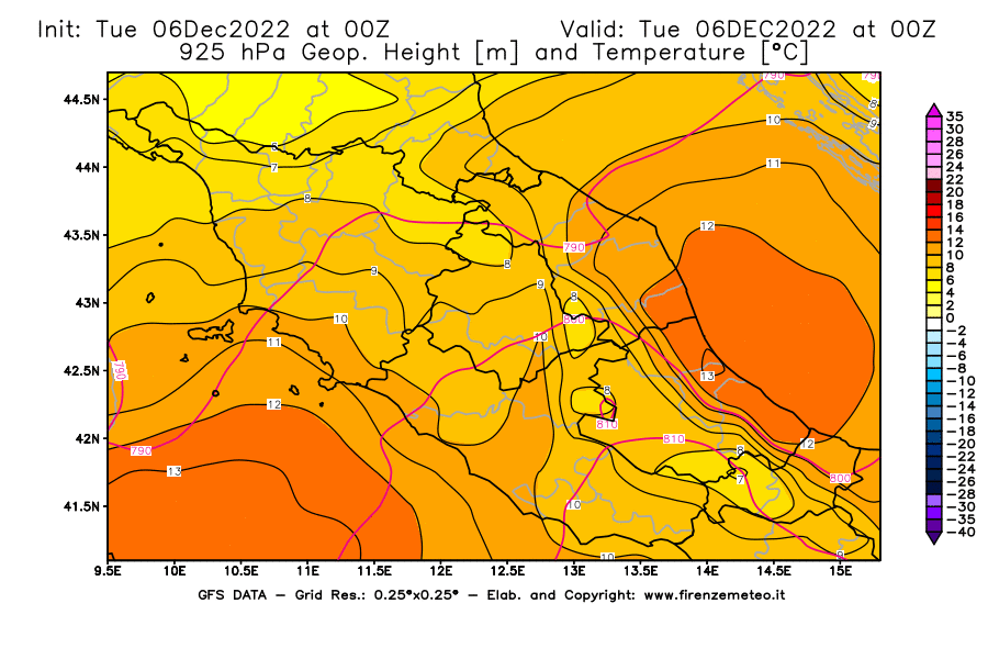 Mappa di analisi GFS - Geopotenziale [m] e Temperatura [°C] a 925 hPa in Centro-Italia
							del 06/12/2022 00 <!--googleoff: index-->UTC<!--googleon: index-->