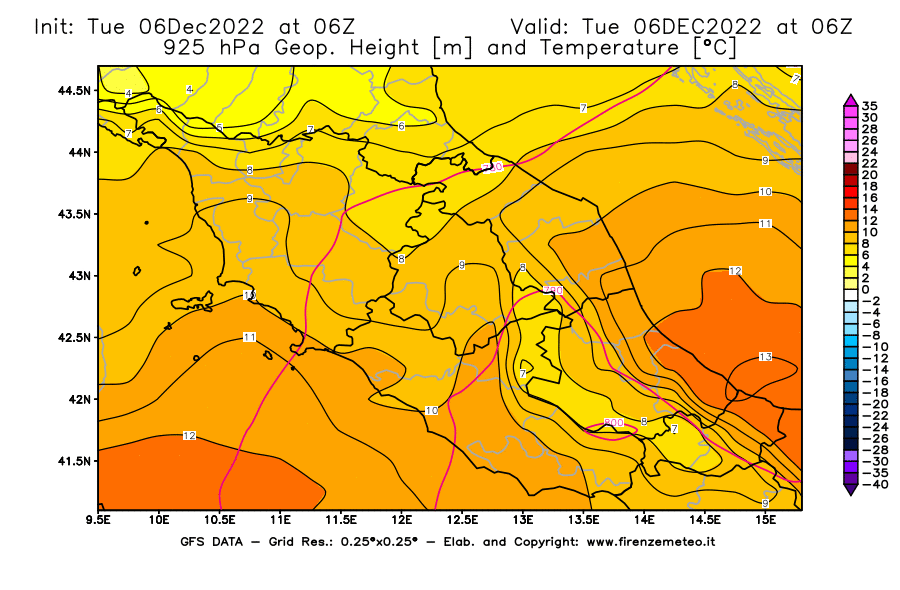 Mappa di analisi GFS - Geopotenziale [m] e Temperatura [°C] a 925 hPa in Centro-Italia
							del 06/12/2022 06 <!--googleoff: index-->UTC<!--googleon: index-->