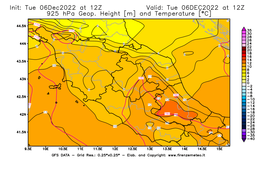 Mappa di analisi GFS - Geopotenziale [m] e Temperatura [°C] a 925 hPa in Centro-Italia
							del 06/12/2022 12 <!--googleoff: index-->UTC<!--googleon: index-->