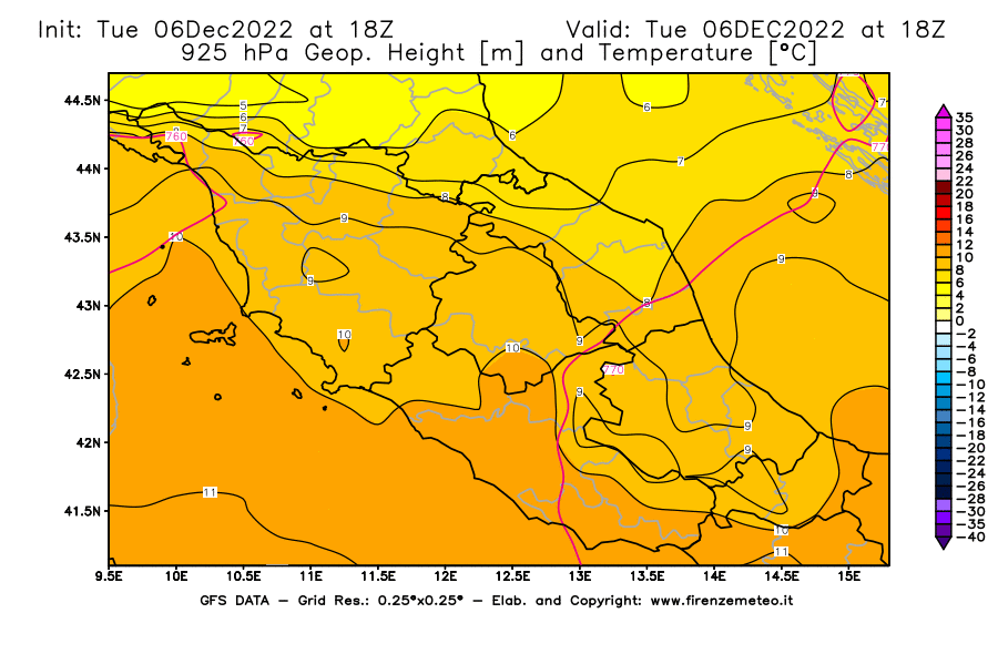 Mappa di analisi GFS - Geopotenziale [m] e Temperatura [°C] a 925 hPa in Centro-Italia
							del 06/12/2022 18 <!--googleoff: index-->UTC<!--googleon: index-->