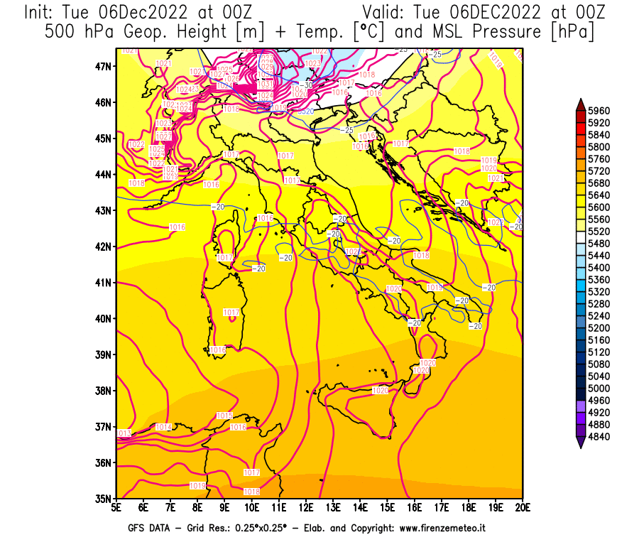Mappa di analisi GFS - Geopotenziale [m] + Temp. [°C] a 500 hPa + Press. a livello del mare [hPa] in Italia
							del 06/12/2022 00 <!--googleoff: index-->UTC<!--googleon: index-->
