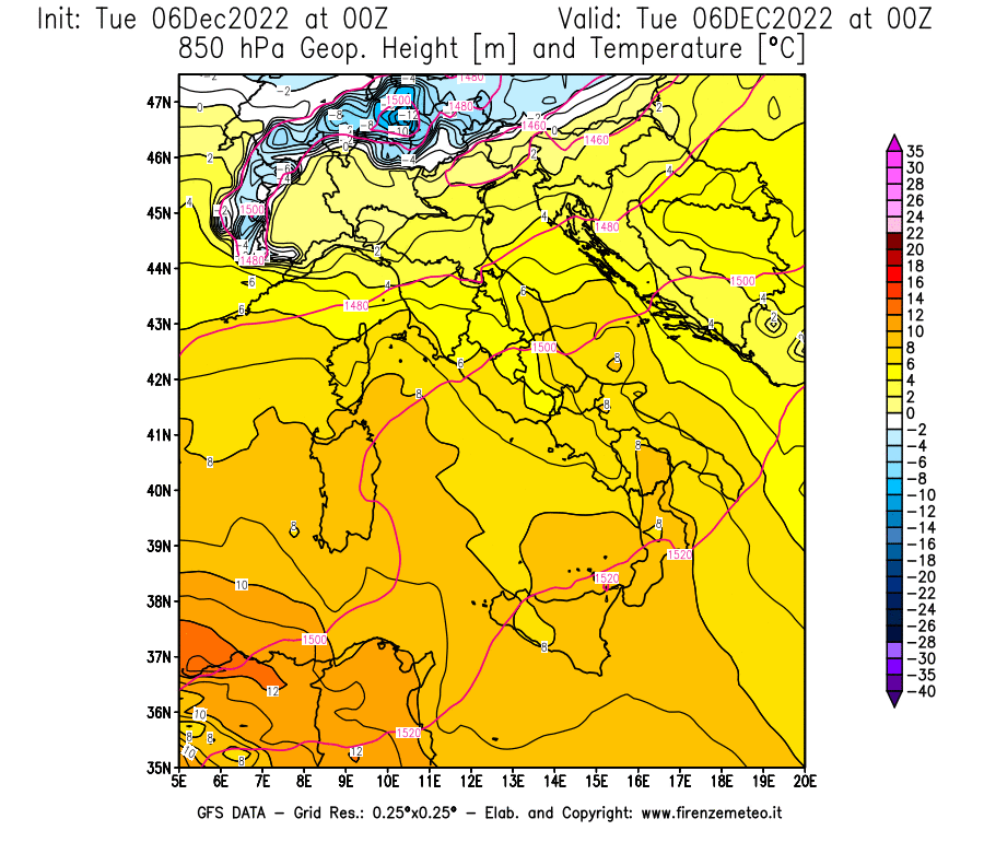 Mappa di analisi GFS - Geopotenziale [m] e Temperatura [°C] a 850 hPa in Italia
							del 06/12/2022 00 <!--googleoff: index-->UTC<!--googleon: index-->