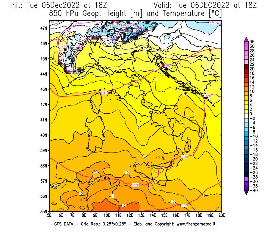 Mappa di analisi GFS - Geopotenziale [m] e Temperatura [°C] a 850 hPa in Italia
							del 06/12/2022 18 <!--googleoff: index-->UTC<!--googleon: index-->