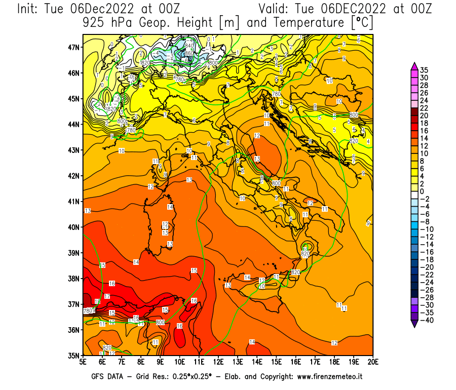 Mappa di analisi GFS - Geopotenziale [m] e Temperatura [°C] a 925 hPa in Italia
							del 06/12/2022 00 <!--googleoff: index-->UTC<!--googleon: index-->