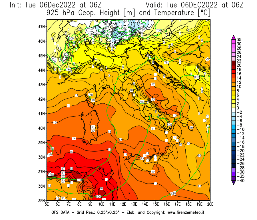 Mappa di analisi GFS - Geopotenziale [m] e Temperatura [°C] a 925 hPa in Italia
							del 06/12/2022 06 <!--googleoff: index-->UTC<!--googleon: index-->