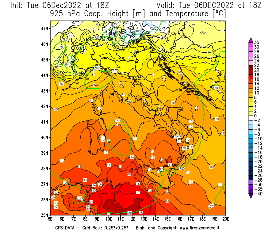 Mappa di analisi GFS - Geopotenziale [m] e Temperatura [°C] a 925 hPa in Italia
							del 06/12/2022 18 <!--googleoff: index-->UTC<!--googleon: index-->