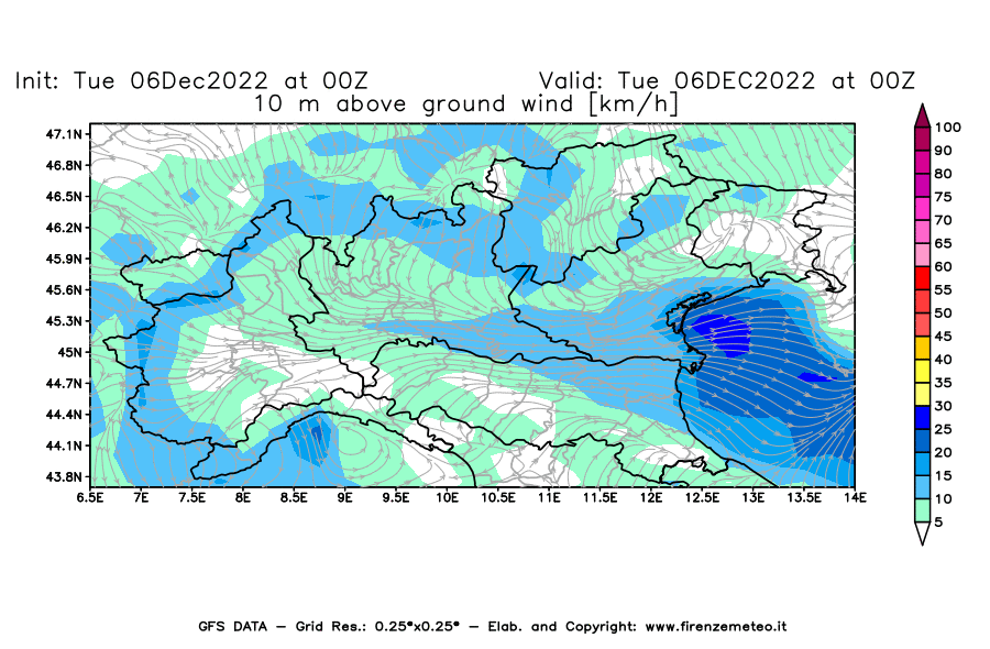 Mappa di analisi GFS - Velocità del vento a 10 metri dal suolo [km/h] in Nord-Italia
							del 06/12/2022 00 <!--googleoff: index-->UTC<!--googleon: index-->