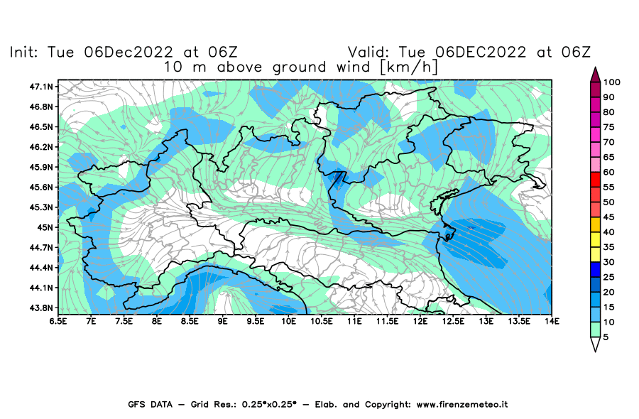 Mappa di analisi GFS - Velocità del vento a 10 metri dal suolo [km/h] in Nord-Italia
							del 06/12/2022 06 <!--googleoff: index-->UTC<!--googleon: index-->