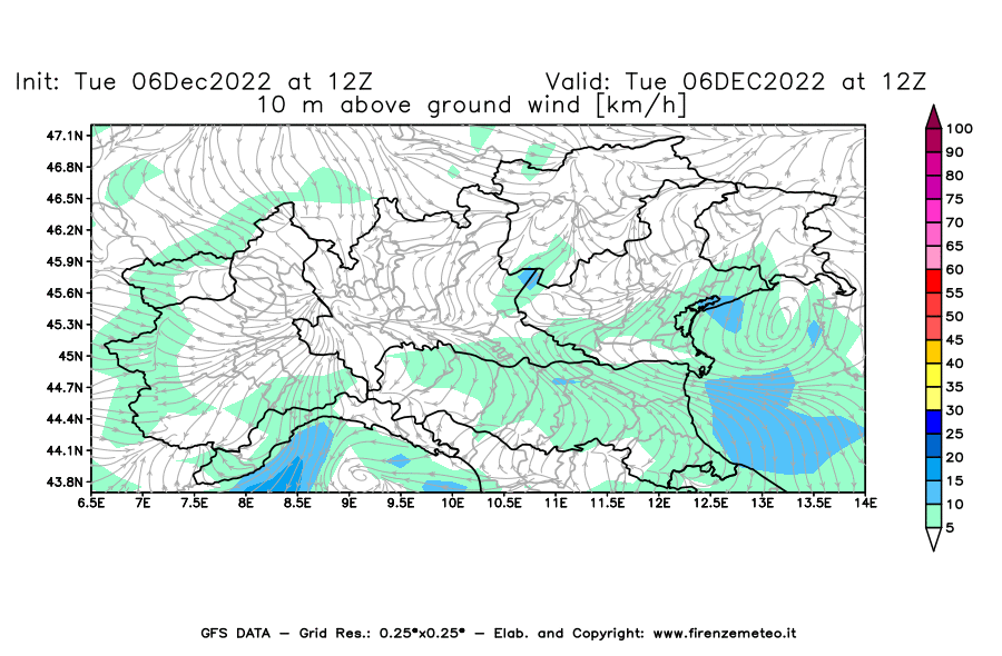 Mappa di analisi GFS - Velocità del vento a 10 metri dal suolo [km/h] in Nord-Italia
							del 06/12/2022 12 <!--googleoff: index-->UTC<!--googleon: index-->