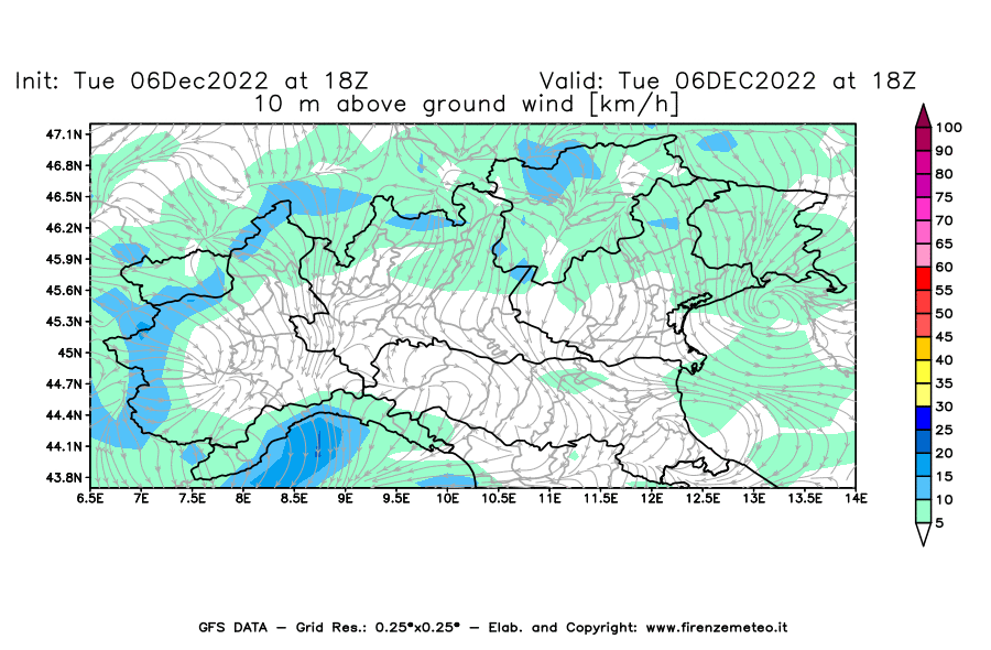 Mappa di analisi GFS - Velocità del vento a 10 metri dal suolo [km/h] in Nord-Italia
							del 06/12/2022 18 <!--googleoff: index-->UTC<!--googleon: index-->