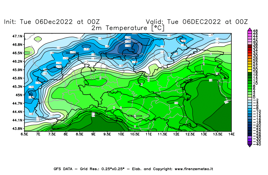 Mappa di analisi GFS - Temperatura a 2 metri dal suolo [°C] in Nord-Italia
							del 06/12/2022 00 <!--googleoff: index-->UTC<!--googleon: index-->
