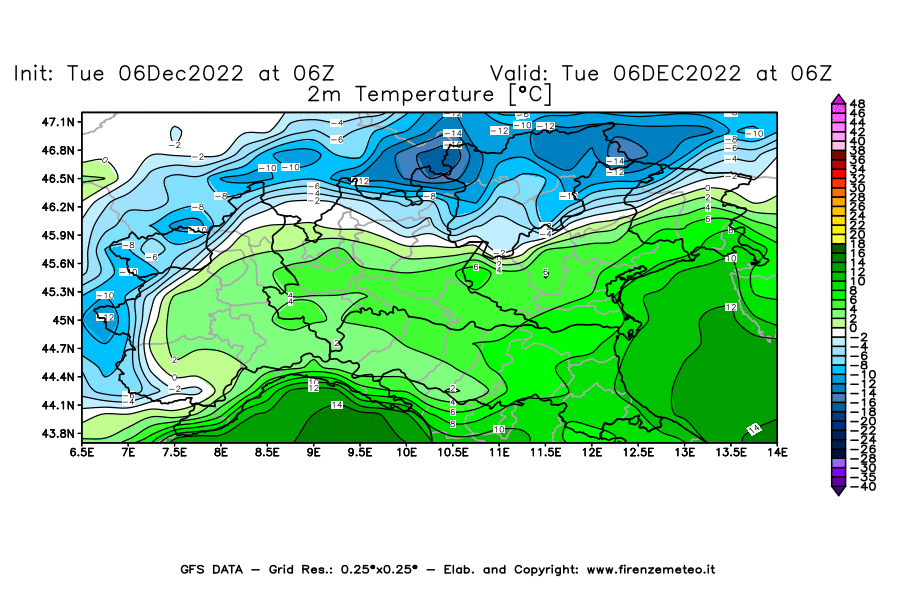 Mappa di analisi GFS - Temperatura a 2 metri dal suolo [°C] in Nord-Italia
							del 06/12/2022 06 <!--googleoff: index-->UTC<!--googleon: index-->