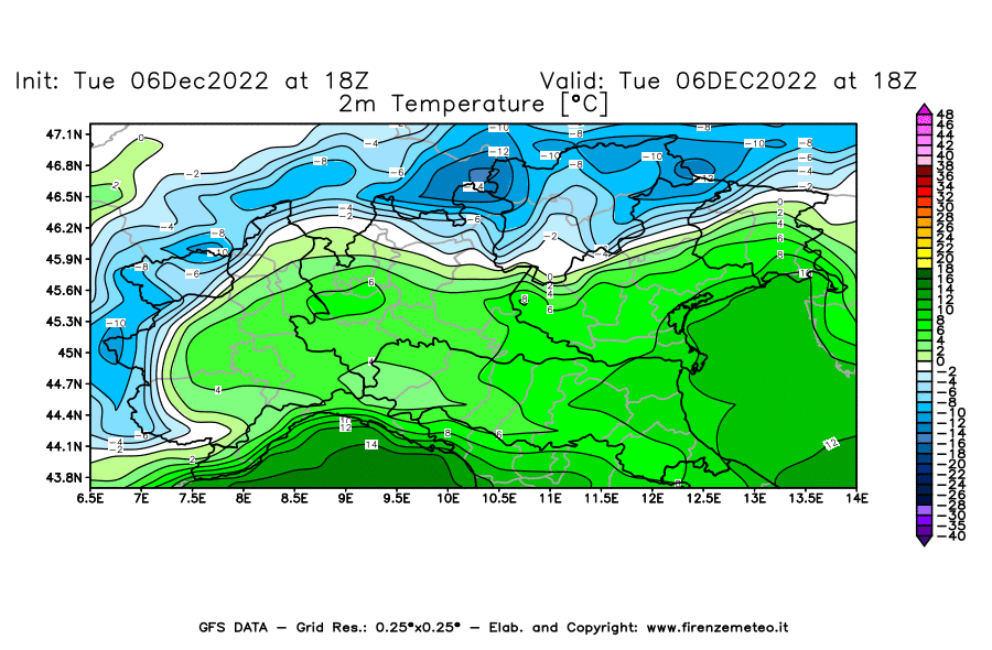Mappa di analisi GFS - Temperatura a 2 metri dal suolo [°C] in Nord-Italia
							del 06/12/2022 18 <!--googleoff: index-->UTC<!--googleon: index-->