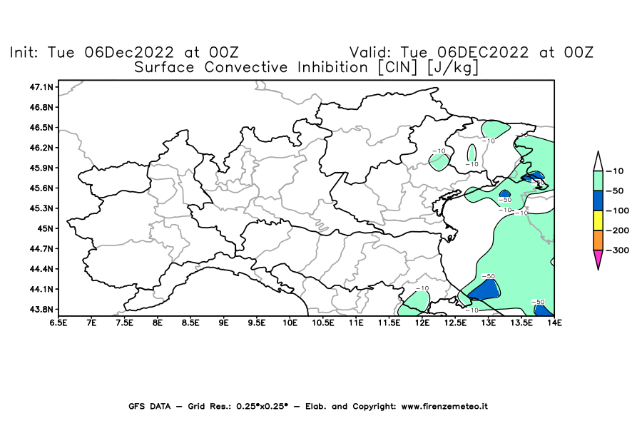 Mappa di analisi GFS - CIN [J/kg] in Nord-Italia
							del 06/12/2022 00 <!--googleoff: index-->UTC<!--googleon: index-->