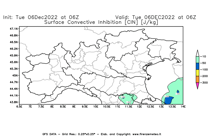 Mappa di analisi GFS - CIN [J/kg] in Nord-Italia
							del 06/12/2022 06 <!--googleoff: index-->UTC<!--googleon: index-->
