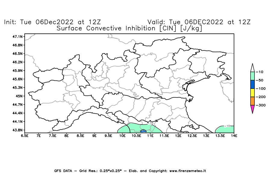 Mappa di analisi GFS - CIN [J/kg] in Nord-Italia
							del 06/12/2022 12 <!--googleoff: index-->UTC<!--googleon: index-->
