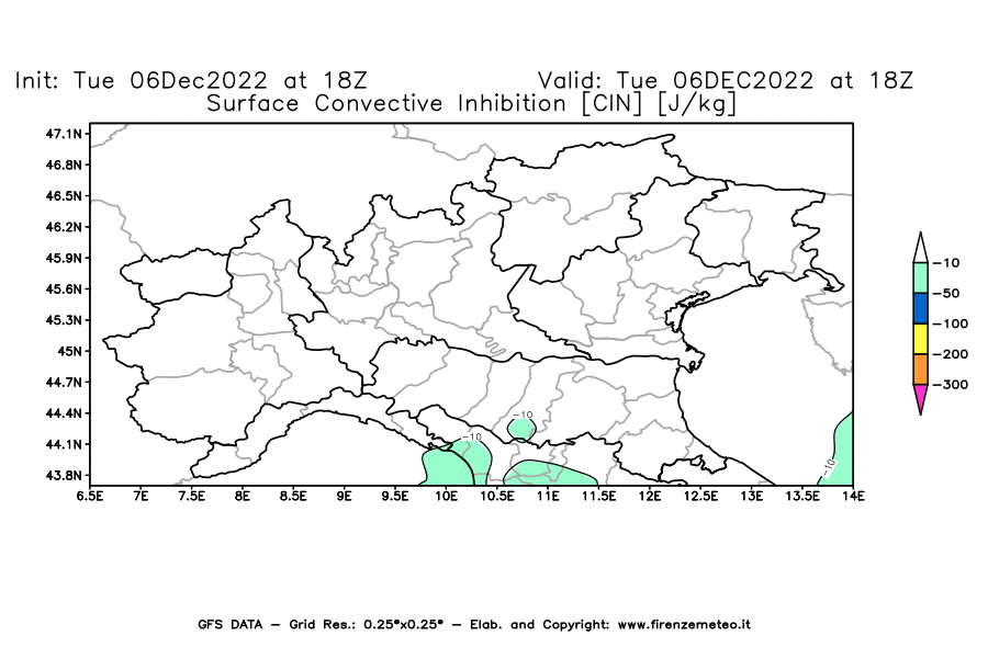 Mappa di analisi GFS - CIN [J/kg] in Nord-Italia
							del 06/12/2022 18 <!--googleoff: index-->UTC<!--googleon: index-->