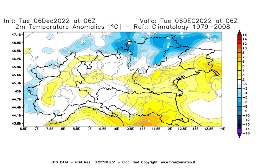 Mappa di analisi GFS - Anomalia Temperatura [°C] a 2 m in Nord-Italia
							del 06/12/2022 06 <!--googleoff: index-->UTC<!--googleon: index-->