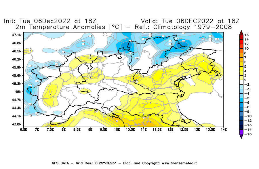 Mappa di analisi GFS - Anomalia Temperatura [°C] a 2 m in Nord-Italia
							del 06/12/2022 18 <!--googleoff: index-->UTC<!--googleon: index-->