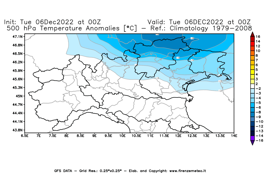 Mappa di analisi GFS - Anomalia Temperatura [°C] a 500 hPa in Nord-Italia
							del 06/12/2022 00 <!--googleoff: index-->UTC<!--googleon: index-->