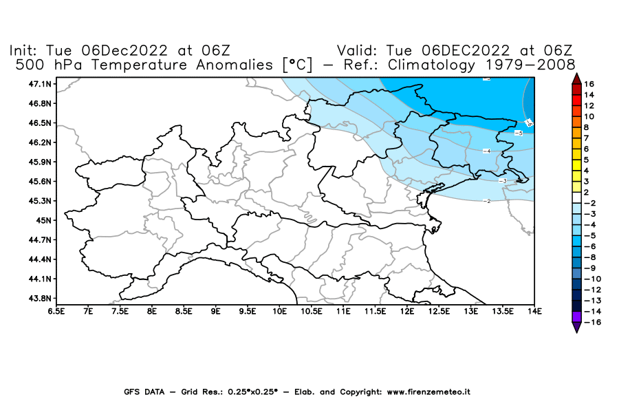 Mappa di analisi GFS - Anomalia Temperatura [°C] a 500 hPa in Nord-Italia
							del 06/12/2022 06 <!--googleoff: index-->UTC<!--googleon: index-->