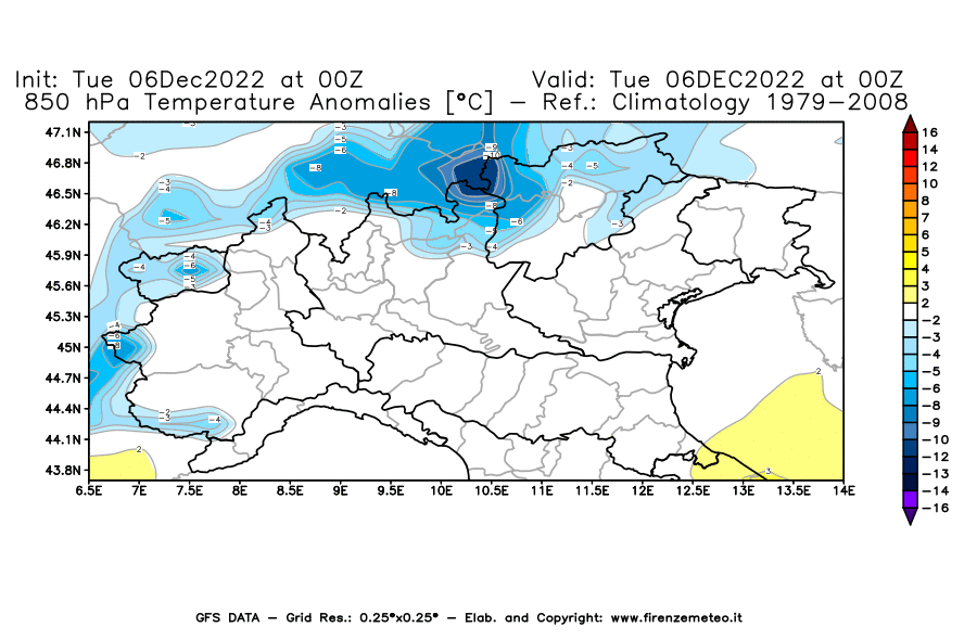 Mappa di analisi GFS - Anomalia Temperatura [°C] a 850 hPa in Nord-Italia
							del 06/12/2022 00 <!--googleoff: index-->UTC<!--googleon: index-->