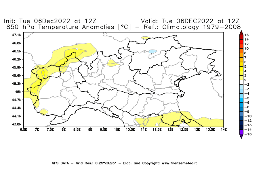 Mappa di analisi GFS - Anomalia Temperatura [°C] a 850 hPa in Nord-Italia
							del 06/12/2022 12 <!--googleoff: index-->UTC<!--googleon: index-->