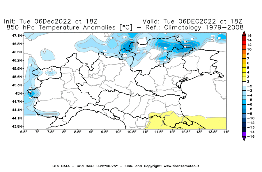 Mappa di analisi GFS - Anomalia Temperatura [°C] a 850 hPa in Nord-Italia
							del 06/12/2022 18 <!--googleoff: index-->UTC<!--googleon: index-->