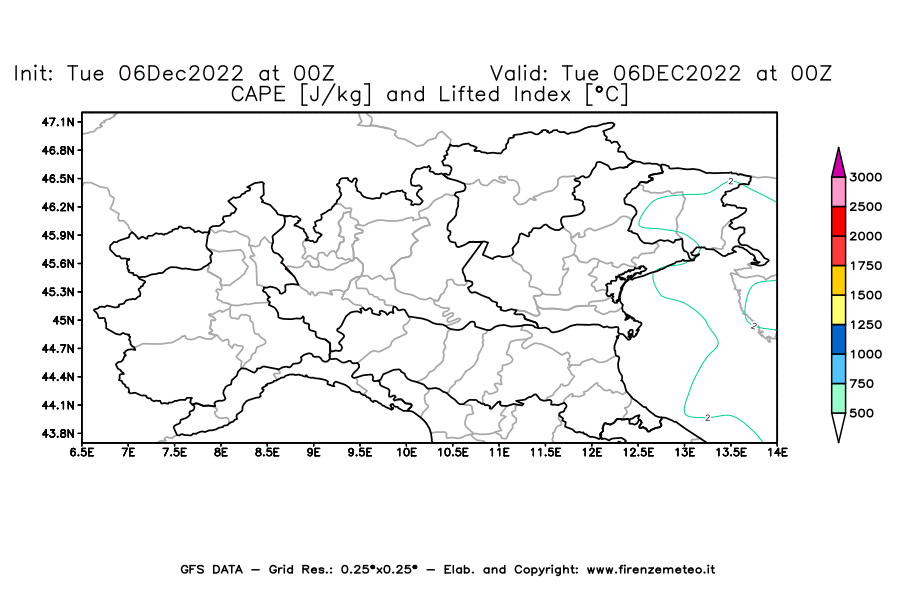 Mappa di analisi GFS - CAPE [J/kg] e Lifted Index [°C] in Nord-Italia
							del 06/12/2022 00 <!--googleoff: index-->UTC<!--googleon: index-->