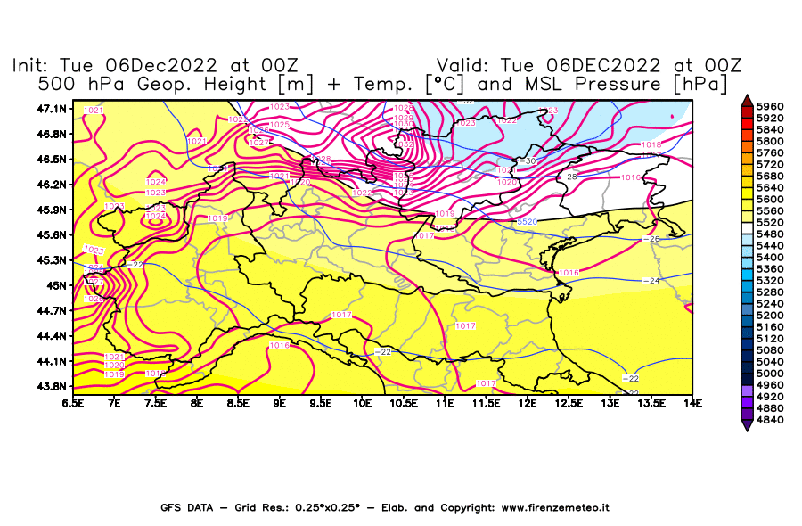 Mappa di analisi GFS - Geopotenziale [m] + Temp. [°C] a 500 hPa + Press. a livello del mare [hPa] in Nord-Italia
							del 06/12/2022 00 <!--googleoff: index-->UTC<!--googleon: index-->