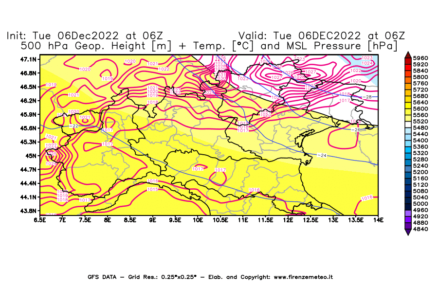 Mappa di analisi GFS - Geopotenziale [m] + Temp. [°C] a 500 hPa + Press. a livello del mare [hPa] in Nord-Italia
							del 06/12/2022 06 <!--googleoff: index-->UTC<!--googleon: index-->