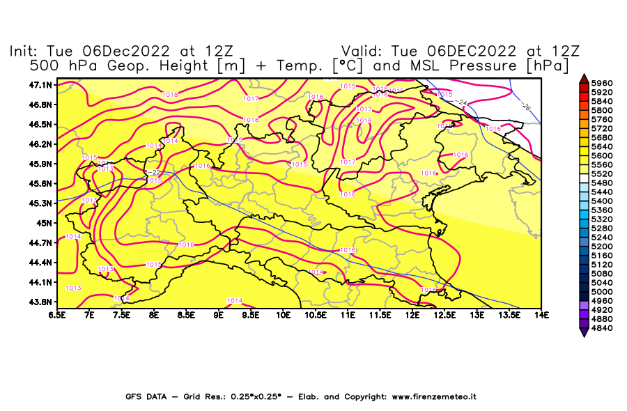 Mappa di analisi GFS - Geopotenziale [m] + Temp. [°C] a 500 hPa + Press. a livello del mare [hPa] in Nord-Italia
							del 06/12/2022 12 <!--googleoff: index-->UTC<!--googleon: index-->