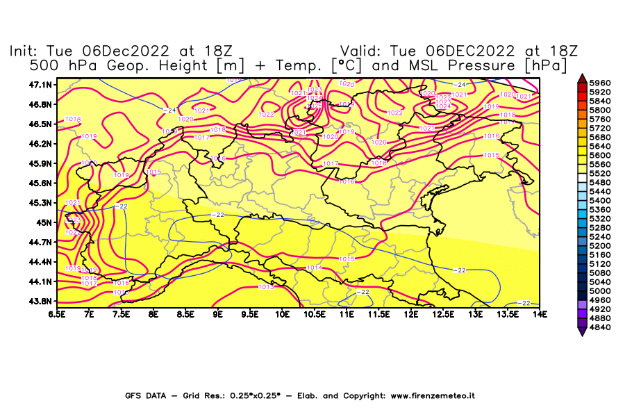 Mappa di analisi GFS - Geopotenziale [m] + Temp. [°C] a 500 hPa + Press. a livello del mare [hPa] in Nord-Italia
							del 06/12/2022 18 <!--googleoff: index-->UTC<!--googleon: index-->