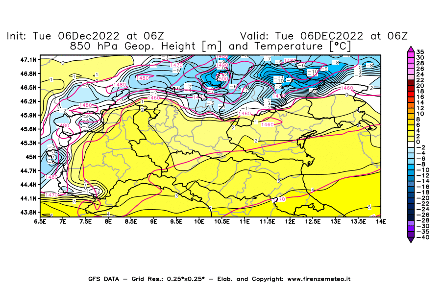 Mappa di analisi GFS - Geopotenziale [m] e Temperatura [°C] a 850 hPa in Nord-Italia
							del 06/12/2022 06 <!--googleoff: index-->UTC<!--googleon: index-->