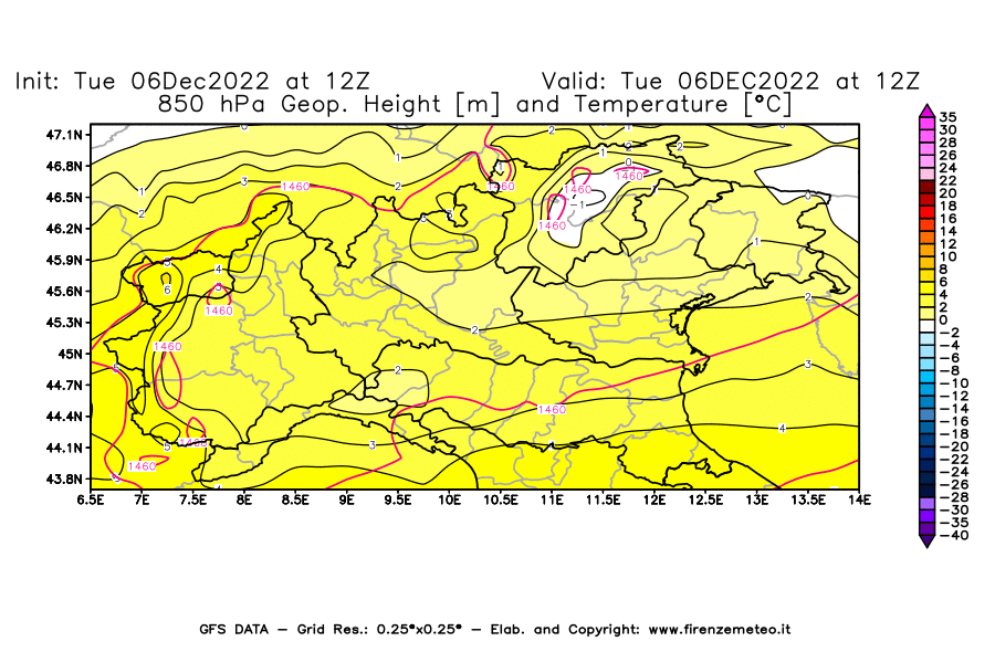 Mappa di analisi GFS - Geopotenziale [m] e Temperatura [°C] a 850 hPa in Nord-Italia
							del 06/12/2022 12 <!--googleoff: index-->UTC<!--googleon: index-->