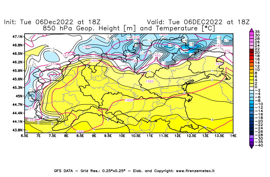 Mappa di analisi GFS - Geopotenziale [m] e Temperatura [°C] a 850 hPa in Nord-Italia
							del 06/12/2022 18 <!--googleoff: index-->UTC<!--googleon: index-->
