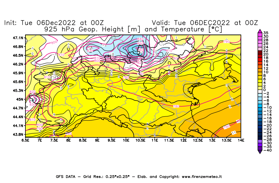 Mappa di analisi GFS - Geopotenziale [m] e Temperatura [°C] a 925 hPa in Nord-Italia
							del 06/12/2022 00 <!--googleoff: index-->UTC<!--googleon: index-->