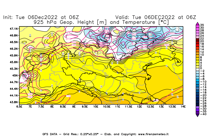 Mappa di analisi GFS - Geopotenziale [m] e Temperatura [°C] a 925 hPa in Nord-Italia
							del 06/12/2022 06 <!--googleoff: index-->UTC<!--googleon: index-->