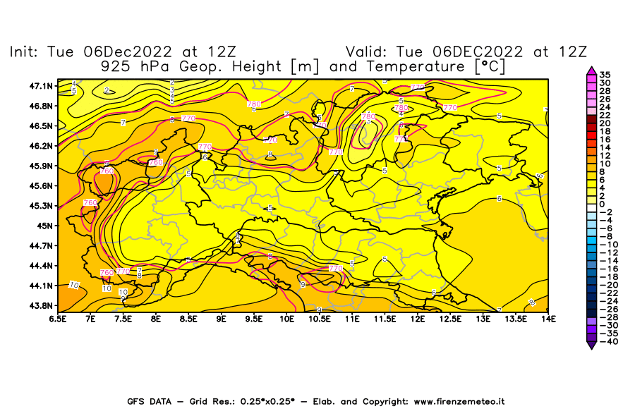 Mappa di analisi GFS - Geopotenziale [m] e Temperatura [°C] a 925 hPa in Nord-Italia
							del 06/12/2022 12 <!--googleoff: index-->UTC<!--googleon: index-->