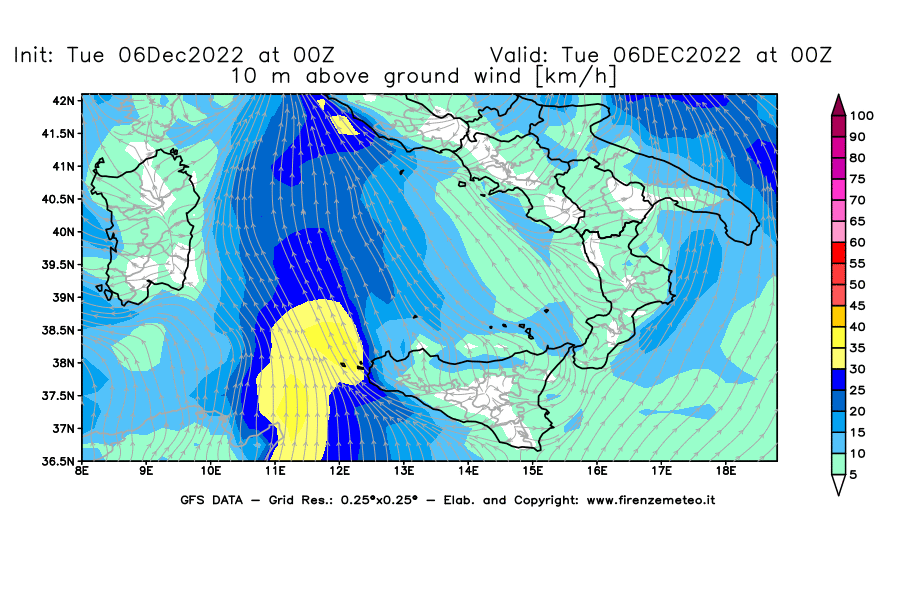 Mappa di analisi GFS - Velocità del vento a 10 metri dal suolo [km/h] in Sud-Italia
							del 06/12/2022 00 <!--googleoff: index-->UTC<!--googleon: index-->