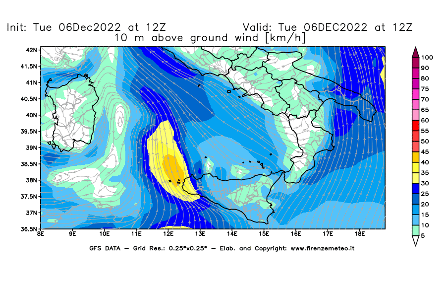 Mappa di analisi GFS - Velocità del vento a 10 metri dal suolo [km/h] in Sud-Italia
							del 06/12/2022 12 <!--googleoff: index-->UTC<!--googleon: index-->