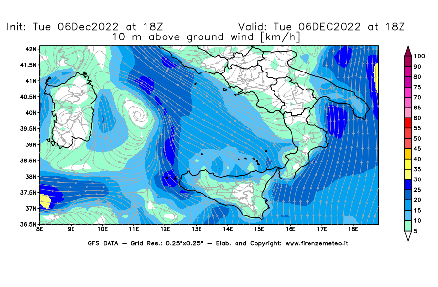 Mappa di analisi GFS - Velocità del vento a 10 metri dal suolo [km/h] in Sud-Italia
							del 06/12/2022 18 <!--googleoff: index-->UTC<!--googleon: index-->