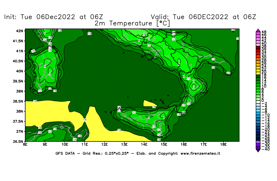 Mappa di analisi GFS - Temperatura a 2 metri dal suolo [°C] in Sud-Italia
							del 06/12/2022 06 <!--googleoff: index-->UTC<!--googleon: index-->