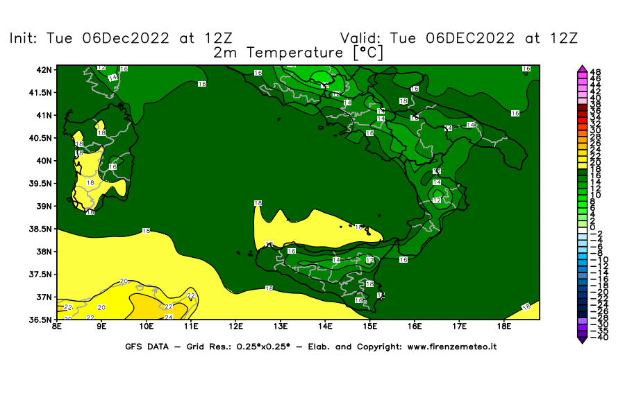Mappa di analisi GFS - Temperatura a 2 metri dal suolo [°C] in Sud-Italia
							del 06/12/2022 12 <!--googleoff: index-->UTC<!--googleon: index-->