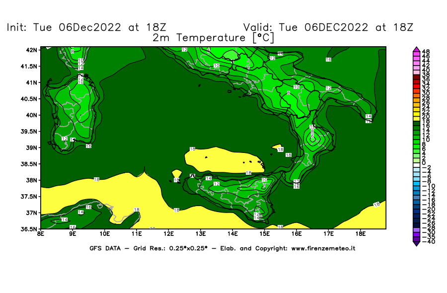 Mappa di analisi GFS - Temperatura a 2 metri dal suolo [°C] in Sud-Italia
							del 06/12/2022 18 <!--googleoff: index-->UTC<!--googleon: index-->