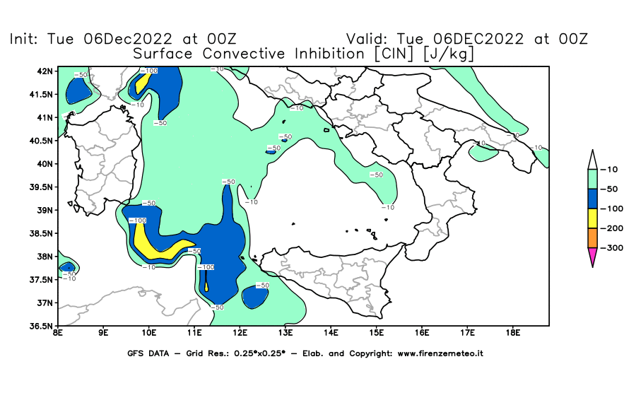 Mappa di analisi GFS - CIN [J/kg] in Sud-Italia
							del 06/12/2022 00 <!--googleoff: index-->UTC<!--googleon: index-->