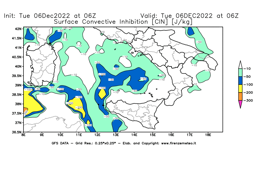 Mappa di analisi GFS - CIN [J/kg] in Sud-Italia
							del 06/12/2022 06 <!--googleoff: index-->UTC<!--googleon: index-->